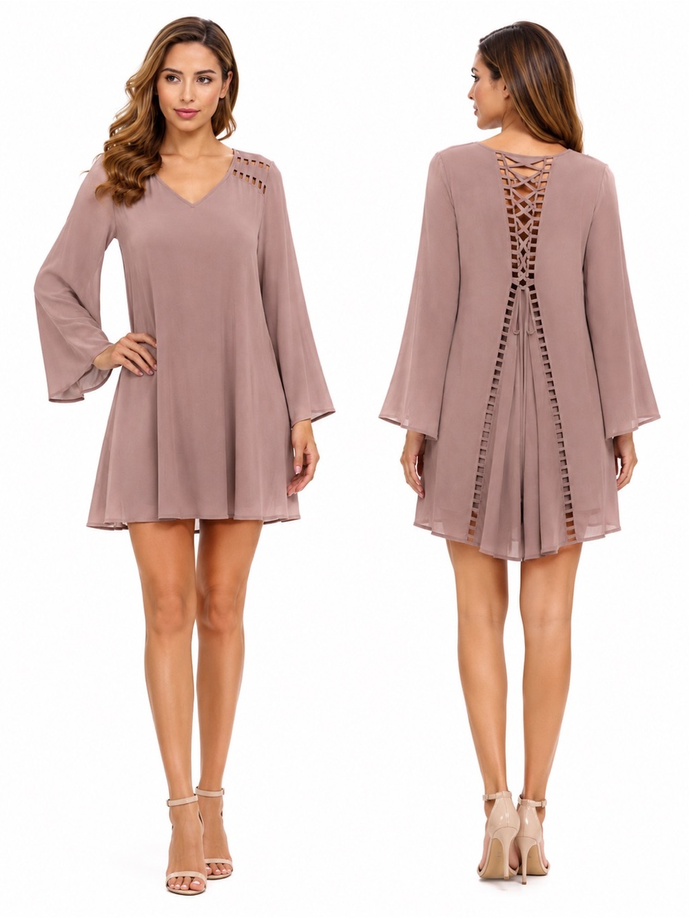 Lace-Up Back Dress with Bell Sleeves